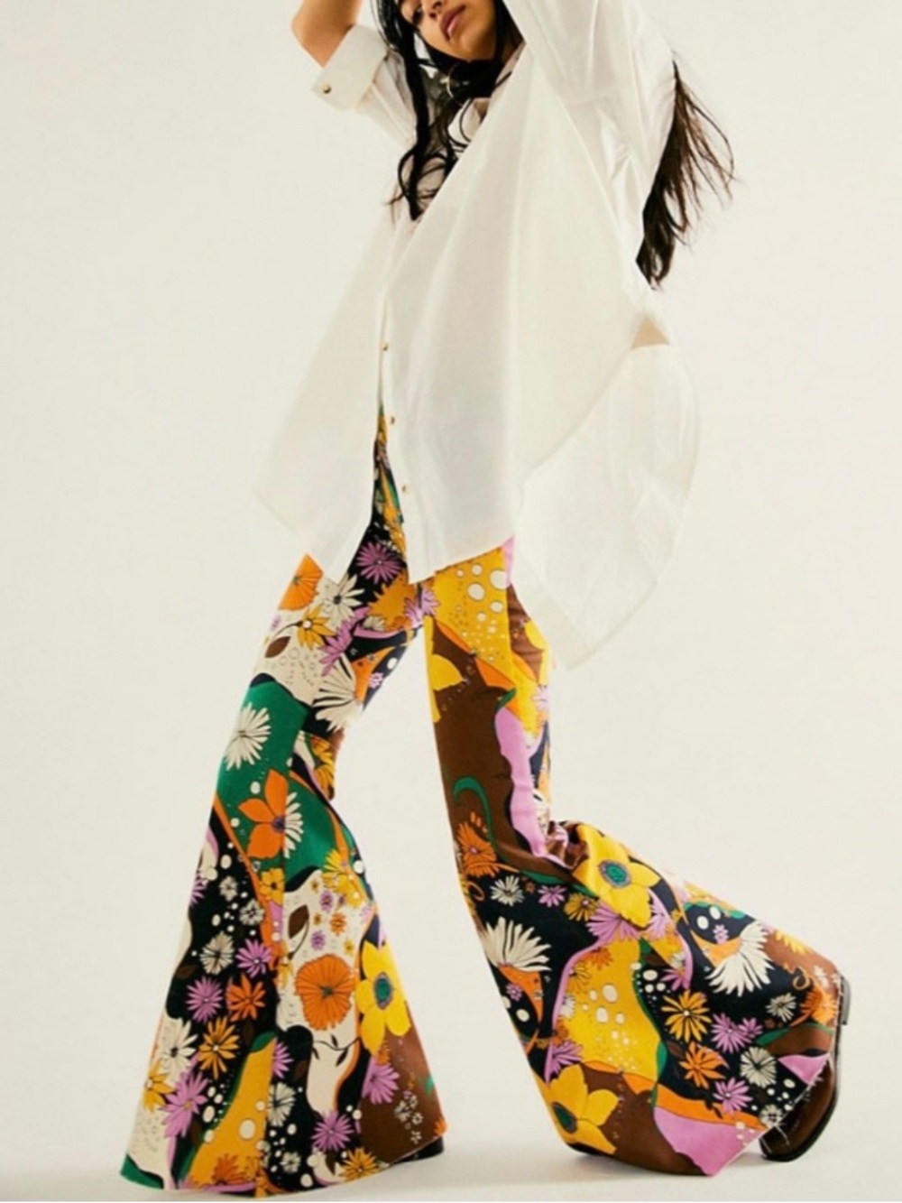 We The Free People Just Float On Psychedelic Bell Bottom Flare Jeans Pants